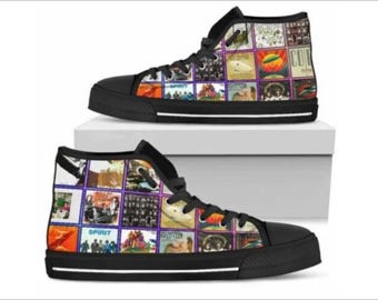 Sneakers alte personalizzate con collage di album retrò, fatte a mano, scarpe per fan del rock