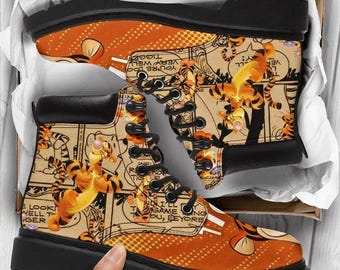 Disney Winnie the Pooh Tigger Custom Combat Boots, Retro Comic Style Shoes