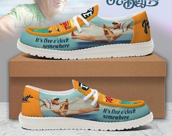 Handgemaakte op Jimmy Buffett geïnspireerde instapschoenen, It's Five O'Clock Somewhere-fanschoenen