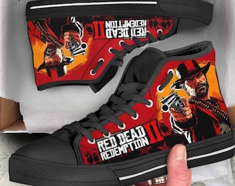 Scarpe da ginnastica alte personalizzate HandmadeRDR2 Arthur Morgan, con stampa western.