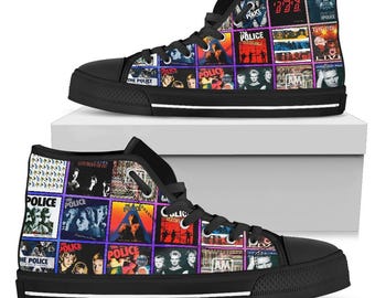 Scarpe da ginnastica alte personalizzate con stampa rock vintage e copertina dell'album Retro dei Police, realizzate a mano.