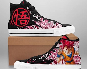 Scarpe da ginnastica alte Dragon Ball Z Goku Super Saiyan God fatte a mano, sneakers in tela personalizzate con stampa anime e manga