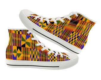 Sneakers alte Kente africane personalizzate e realizzate a mano, scarpe geometriche vivaci