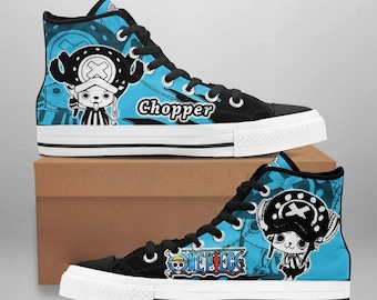 Scarpe da ginnastica alte personalizzate One Piece Chopper, con stampa anime e manga.