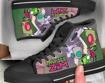 Zapatillas deportivas altas personalizadas de Invader Zim y Gir, estilo retro de dibujos animados de Nickelodeon.