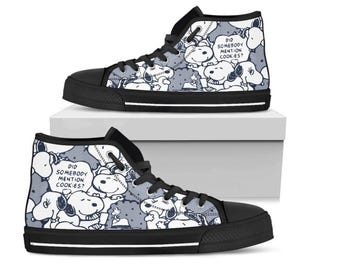 Scarpe da ginnastica alte personalizzate fatte a mano con cane dei cartoni animati, scarpe con scritta "Blue Cookie",