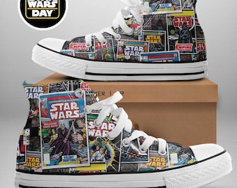 Scarpe da ginnastica alte personalizzate con stampa a tema Star Wars in stile retrò, realizzate a mano.