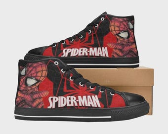 Scarpe da ginnastica alte personalizzate fatte a mano con l'eroe ragno rosso, scarpe fatte a mano per i fan dei supereroi
