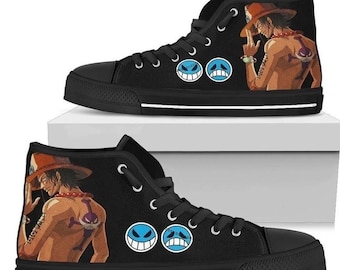 Sneakers alte personalizzate One Piece Ace fatte a mano, con stampa del logo del pirata Barbabianca