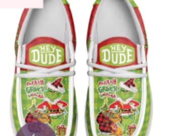 Scarpe slip-on personalizzate "Merry Grinchmas" fatte a mano, ideali come regalo di Natale, per i fan o per il compleanno.