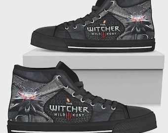 Scarpe alte The Witcher Wild Hunt fatte a mano / Sneakers unisex personalizzate con medaglione del lupo Geralt