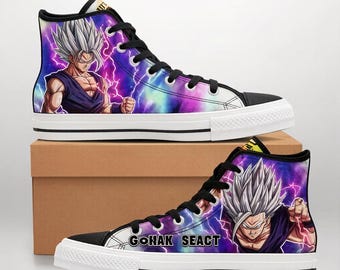 Scarpe da ginnastica alte personalizzate con stampa galassia e fulmine, ispirate a Dragon Ball Beast Gohan.