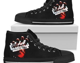 Sneakers alte personalizzate in metallo vintage con grafica a mano, fatte a mano, scarpe fatte a mano per appassionati di rock