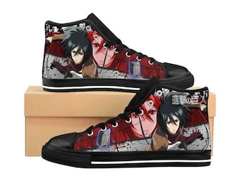 Scarpe da ginnastica alte personalizzate con stampa di Mikasa di Attack on Titan, realizzate a mano, ispirate al Corpo di Ricerca.