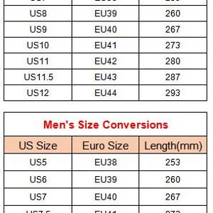 Puede incluir: Imagen de una zapatilla alta blanca con tablas de conversi&oacute;n de tallas para mujeres y hombres. Las tablas muestran tallas de EE. UU., tallas europeas y longitudes en mil&iacute;metros.