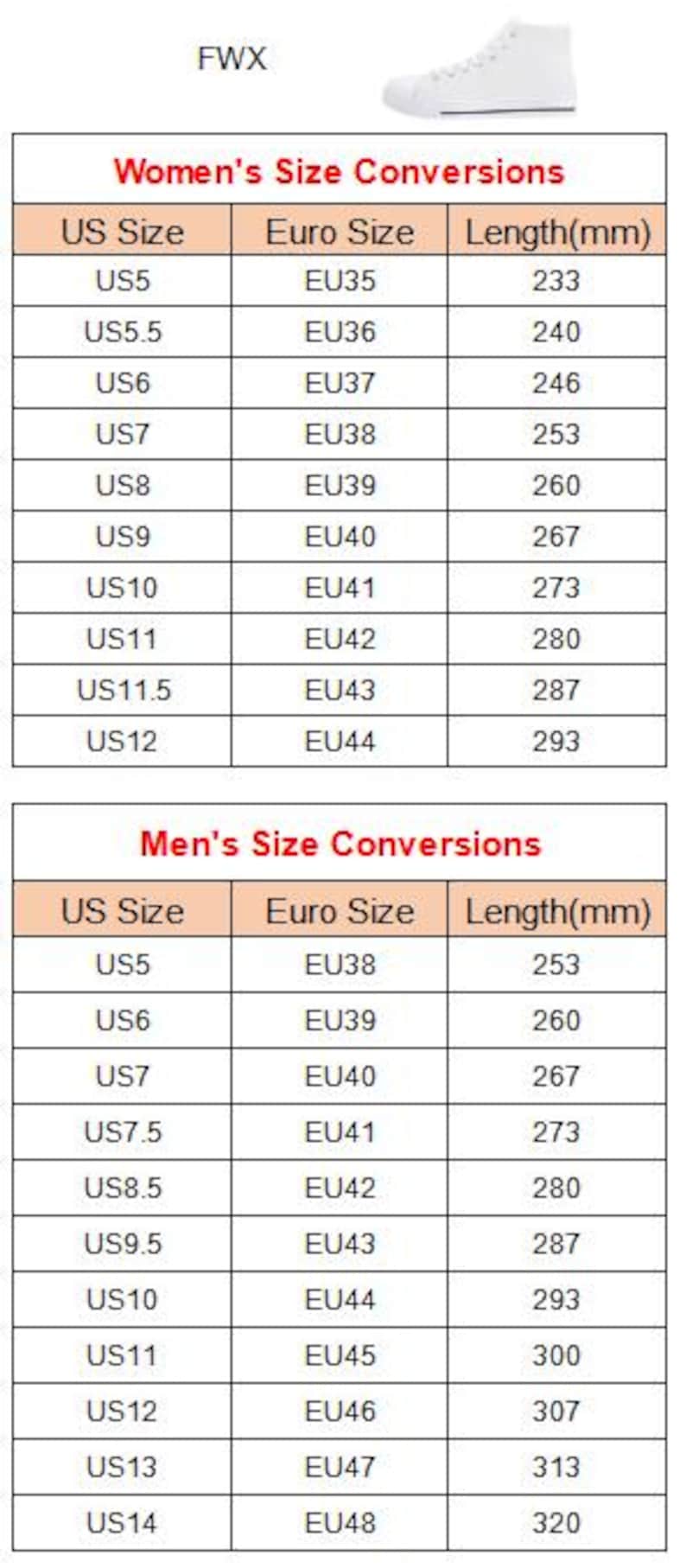 Puede incluir: Imagen de una zapatilla alta blanca con tablas de conversi&oacute;n de tallas para mujeres y hombres. Las tablas muestran tallas de EE. UU., tallas europeas y longitudes en mil&iacute;metros.