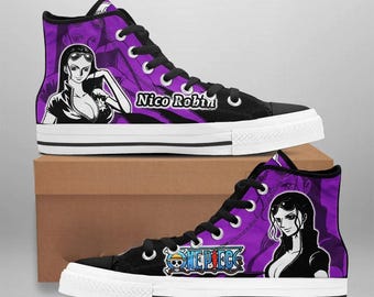 Scarpe da ginnastica alte personalizzate One Piece Nico Robin, con stampa pirata e cappello di paglia viola, fatte a mano.