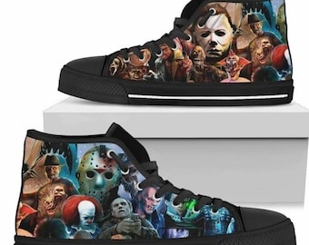 Sneakers alte personalizzate fatte a mano con stampe di Michael Myers, Freddy e Jason, ispirate ai classici cattivi dell'horror.