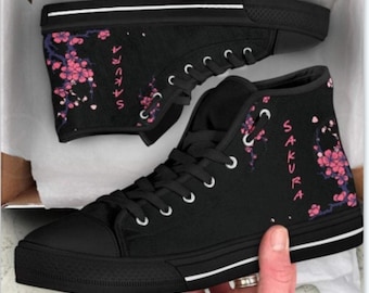 Scarpe alte in tela personalizzate con fiori di ciliegio Sakura giapponesi, realizzate a mano.