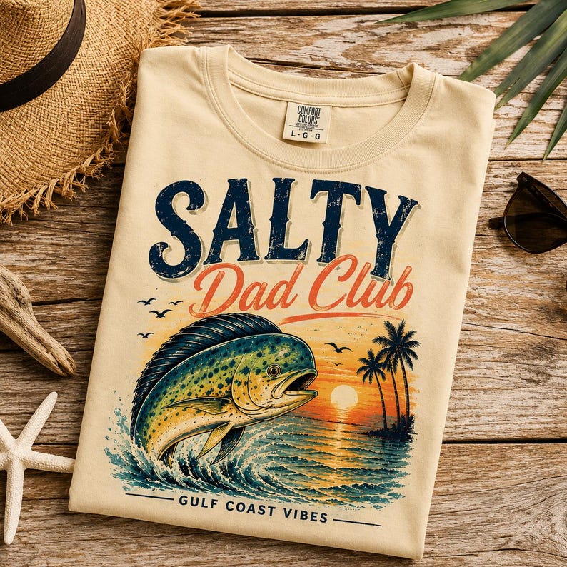 Pode incluir: Camiseta creme com o texto "SALTY Dad Club" em azul marinho e laranja. Um gr&aacute;fico de um peixe saltando para fora do oceano com um p&ocirc;r do sol ao fundo. As palavras "GULF COAST VIBES" s&atilde;o impressas na parte inferior.