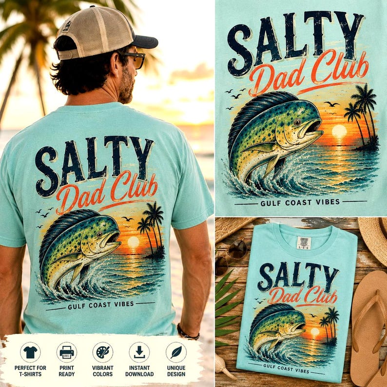 Pode incluir: Camiseta azul claro com um gr&aacute;fico de um peixe saltando, palmeiras e um p&ocirc;r do sol. O texto diz "SALTY Dad Club" e "GULF COAST VIBES". A camisa &eacute; mostrada em uma pessoa e tamb&eacute;m plana.