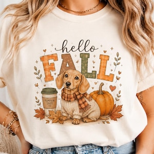 Camiseta Hello Fall Dachshund, Camiseta para Amantes de Cachorros com Especiarias de Abóbora, Camiseta Fofa de Salsicha para o Outono, Camiseta Aconchegante de Abóbora para o Outono, Camiseta de Ação de Graças