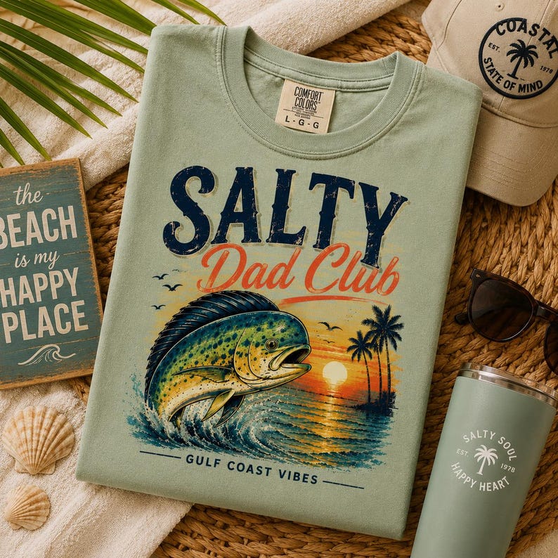 Pode incluir: Camiseta verde claro com o texto "Salty Dad Club" e um gr&aacute;fico de um peixe, palmeiras e um p&ocirc;r do sol. Um chap&eacute;u a condizer, &oacute;culos de sol e um copo tamb&eacute;m s&atilde;o vis&iacute;veis. Uma placa diz "A praia &eacute; o meu lugar feliz."