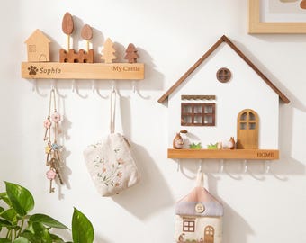 Custom House-Shaped Key Hanger, Personalized Wooden Key Holder, Wall-Mounted Entryway Organizer, Engraved Housewarming Birthday Gift