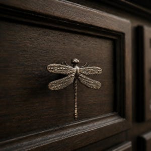 Könnte beinhalten: Ein metallischer, bronzefarbener Schubladengriff in Form einer Libelle mit detaillierten, texturierten Flügeln und einem segmentierten Körper. Der Griff ist an einer dunklen, gebeizten Holzschubladenfront mit sichtbarer Maserung befestigt.