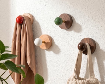 Personalized Wood Wall Hook with Colorful Ceramic Ball,Cute Decorative Coat Hooks,Modern Minimalist Entryway Rack,Fun Nursery room kids wall