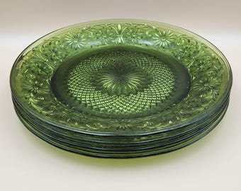 Indiana Glass Set Of 4 Green Daisy Pattern Dinner Plate Dish, 9.5"