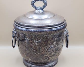 Vintage Silver Plate Milk Glass Lined Ice Bucket w/ Lion Head Handles, 9.5" Tall