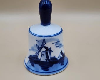 Delft Blue Hand Painted Porcelain Hand Bell, 2.75" Tall