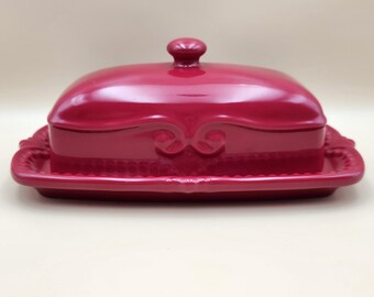 Princess House Pavillion Berry Red Covered Butter Dish, Scalloped Edge