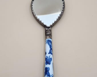 Antique Victorian Porcelain Hand Mirror w/ Butterfly Pattern