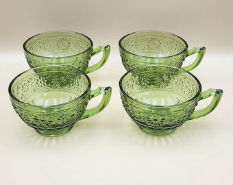 Indiana Glass Set Of 4 Green Daisy Pattern 5 Oz Cups, 2.25" Tall