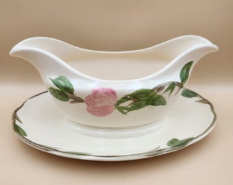 Franciscan Rose Gravy Boat, Attached Underplate, England, 8.75" Long