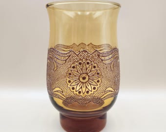Vintage Set Of 7 Libbey Americana Amber Embossed 12 Oz Tumblers, 5.25" Tall
