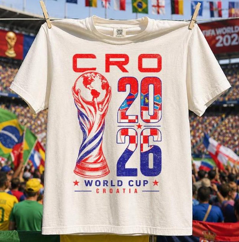 May include: An off-white short-sleeve t-shirt featuring a graphic print with the text CRO 2026 WORLD CUP CROATIA. The design includes a stylised trophy illustration and the numbers 2026 filled with a red and white chequered pattern.