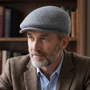 May include: A grey newsboy cap with a textured pattern. The man is wearing a brown tweed blazer over a blue button-down shirt. A newspaper, pen, and gloves are on the table. A bookshelf is in the background.