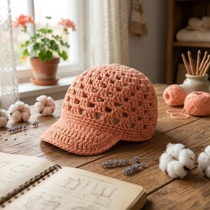 May include: A peach-colored crochet hat with a visor sits on a wooden table. The hat has an open weave design. The table also holds cotton bolls, lavender sprigs, and a notebook with sketches. In the background are balls of yarn and a window with a potted plant.