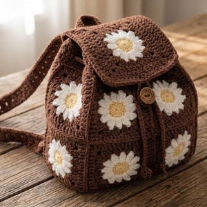 May include: A brown crochet backpack adorned with white and yellow daisy motifs. The bag features adjustable straps, a drawstring closure, and a wooden button fastening. It rests on a wooden surface.