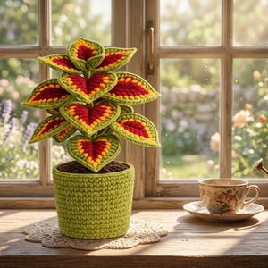 May include: A crocheted plant in a light green pot featuring heart-shaped leaves with a vibrant red center, a yellow border, and a light green edge. The plant is constructed from yarn with a textured stitch pattern, displaying a symmetrical arrangement of foliage.