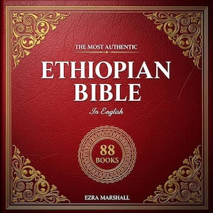 Op de afbeelding: Een rode boekomslag met gouden filigraan hoekontwerpen en tekst. De titel luidt "Ethiopian Bible" in grote witte letters, met "In English" eronder. Een cirkelvormig embleem vermeldt "88 BOOKS". De auteur is "Ezra Marshall".