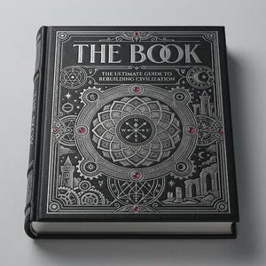 Op de afbeelding: Een hardcover boek getiteld "THE BOOK" met ingewikkelde zilveren en zwarte reliëfontwerpen. De cover heeft geometrische patronen, tandwielen en de tekst "THE ULTIMATE GUIDE TO REBUILDING CIVILIZATION". Rode accenten benadrukken de designelementen.