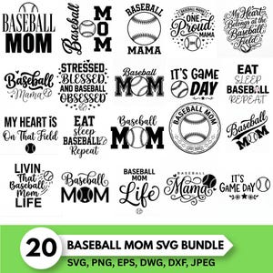 Op de afbeelding: Een verzameling van twintig zwart-witte digitale grafische ontwerpen met typografie en illustraties in honkbalthema. De tekst bevat zinnen zoals Baseball Mom, It's Game Day en Eat Sleep Baseball Repeat, gecombineerd met honkbaliconen.