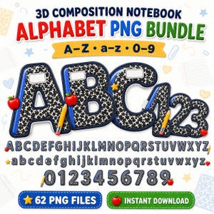 Op de afbeelding: Een 3D-alfabet PNG-bundel in de stijl van een compositieschrift met letters A-Z, a-z en cijfers 0-9. De tekens hebben een zwart-wit kruispatroon met blauwe randen, geaccentueerd door kleine rode appels, gele potloden en sterren.