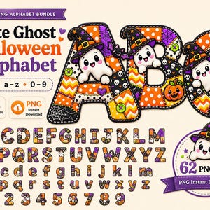 May include: A digital PNG alphabet bundle titled Cute Ghost Halloween Alphabet featuring letters A, B, and C decorated with ghosts in witch hats, pumpkins, bats, and spiderwebs in orange, purple, and black patterns, including 62 total files.