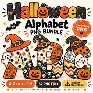 Halloween Patchwork Alfabet PNG Bundle, Sydda Häxhattbokstäver (62 Filer)