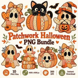 Puede incluir: Una colección digital de gráficos Patchwork Halloween PNG Bundle con fantasmas, calabazas y un gato negro en patrones de cuadros y flores en naranja, blanco y marrón. El texto dice Patchwork Halloween PNG Bundle, 10 PNG Files, 4000 x 4000 px, 300 DPI e Instant Download.